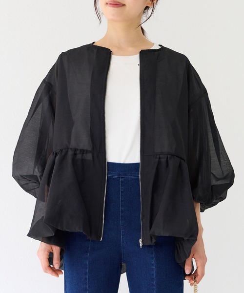⭐︎新品⭐︎インディヴィ⭐︎12（LL）サイズ⭐︎バルーンスリーブブルゾン⭐︎ブラック⭐︎ セール】【洗える／SETUP可能】バルーンスリーブ ブラウス