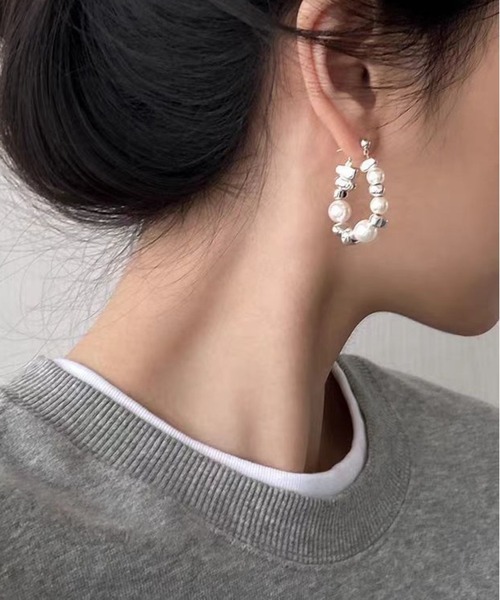 セール】パールコンビメタルビーズ フープピアス（ピアス（両耳