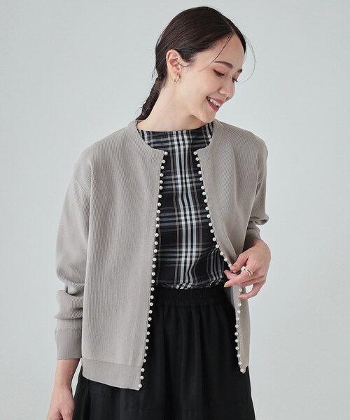 sheller シェリエ ブロックチェック カーディガン パール お