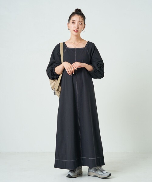 セール】限定展開 ステッチ パフスリーブ スクエア ワンピース