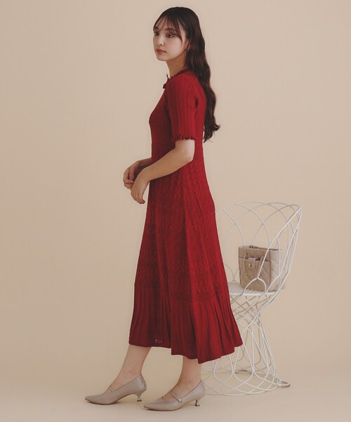 セール】《美人百花掲載》バイカラー透かし編みニットワンピース