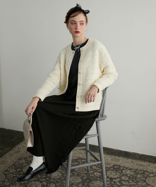 BONLECILL noir】リボンヤーンツイードライクニットジャケット