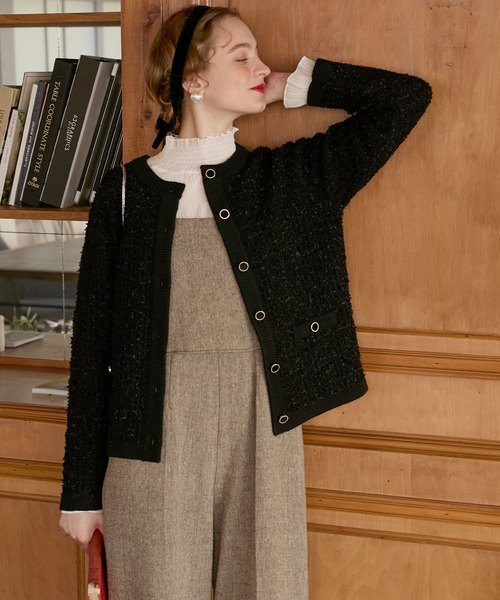 BONLECILL noir】リボンヤーンツイードライクニットジャケット
