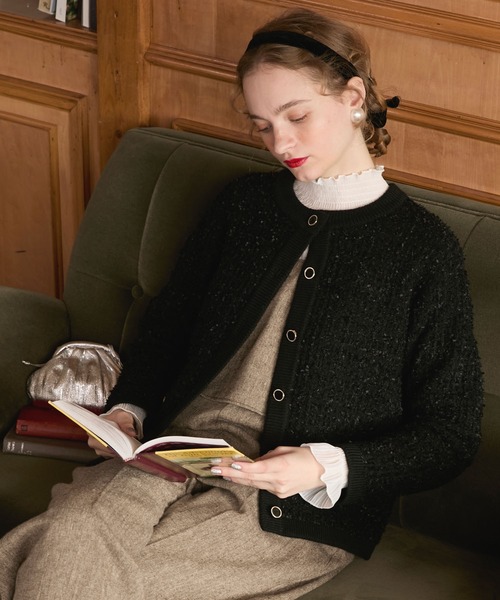 BONLECILL noir】リボンヤーンツイードライクニットジャケット