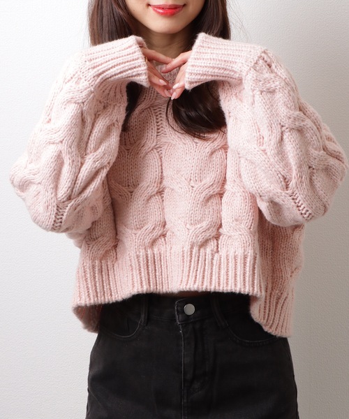 Lace Ladies(レースレディース)の「もこもこ ケーブル柄 ショート ニット プルオーバー(ニット/セーター・レディース・ブラック/グレー/ピンク・FREE/S)」の18枚目の写真