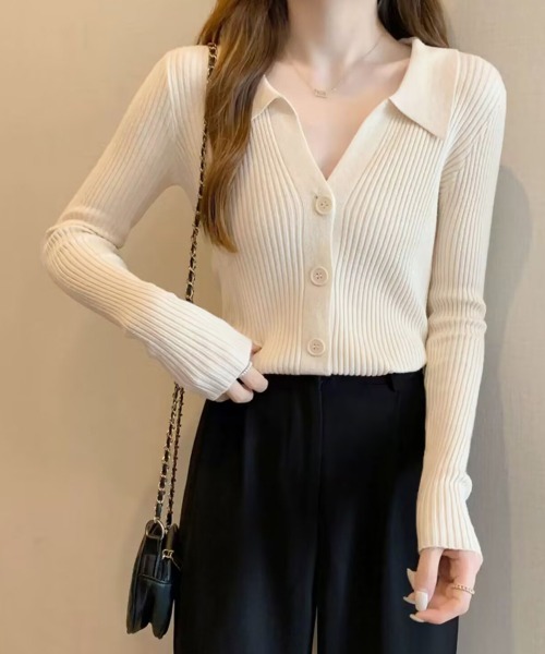 Miniministore(ミニミニストア)の「ニットトップス レディース Vネック長袖(ニット/セーター・レディース・ピンク/ブラック/アイボリー/ブルー/ホワイト・FREE)」の3枚目の写真