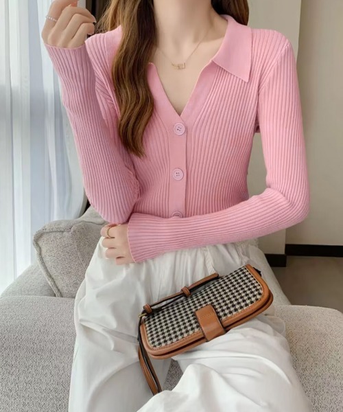 Miniministore(ミニミニストア)の「ニットトップス レディース Vネック長袖(ニット/セーター・レディース・ピンク/ブラック/アイボリー/ブルー/ホワイト・FREE)」の20枚目の写真
