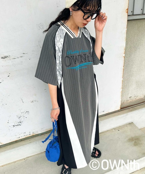 セール】ラインデザイン切替OWNthロゴワンピース（ワンピース