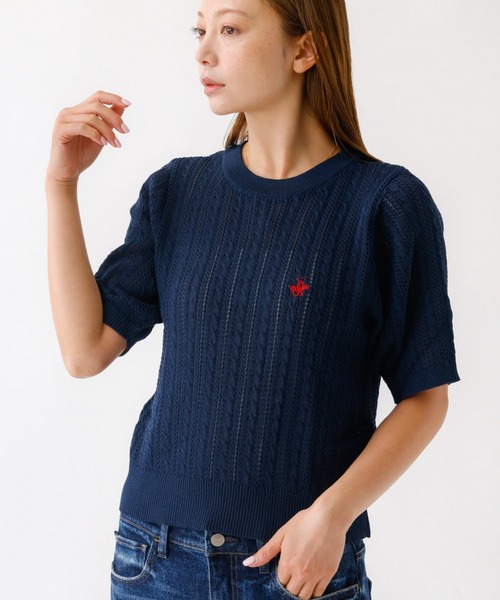 BEVERLY HILLS POLO CLUB（ビバリーヒルズポロクラブ）の「【BEVERLY HILLS POLO CLUB / ビバリーヒルズ ポロクラブ】 ワンポイント 半袖ケーブルニット【WEB限定】（ニット/セーター・レディース・サックスブルー/ホワイト/ネイビー・フリー）」の3枚目の写真
