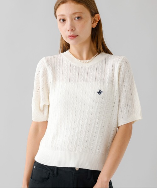 BEVERLY HILLS POLO CLUB（ビバリーヒルズポロクラブ）の「【BEVERLY HILLS POLO CLUB / ビバリーヒルズ ポロクラブ】 ワンポイント 半袖ケーブルニット【WEB限定】（ニット/セーター・レディース・サックスブルー/ホワイト/ネイビー・フリー）」の2枚目の写真