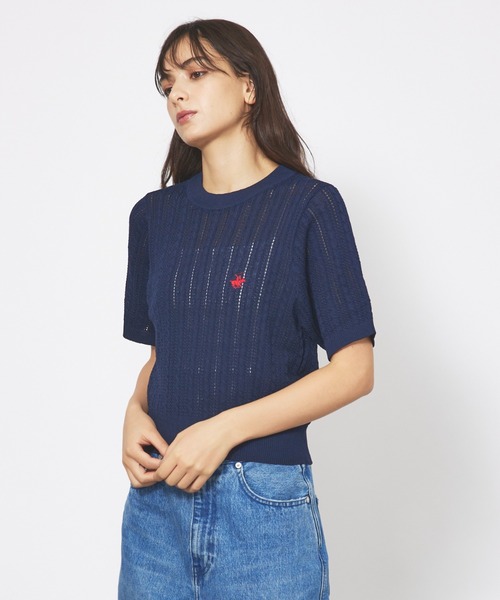 BEVERLY HILLS POLO CLUB（ビバリーヒルズポロクラブ）の「【BEVERLY HILLS POLO CLUB / ビバリーヒルズ ポロクラブ】 ワンポイント 半袖ケーブルニット【WEB限定】（ニット/セーター・レディース・サックスブルー/ホワイト/ネイビー・フリー）」の4枚目の写真