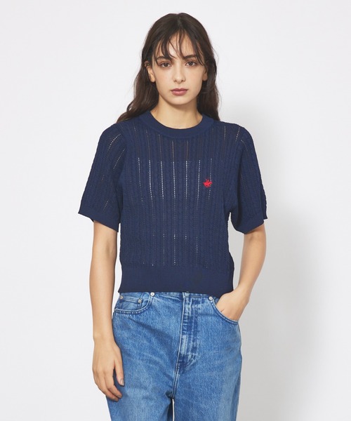 BEVERLY HILLS POLO CLUB（ビバリーヒルズポロクラブ）の「【BEVERLY HILLS POLO CLUB / ビバリーヒルズ ポロクラブ】 ワンポイント 半袖ケーブルニット【WEB限定】（ニット/セーター・レディース・サックスブルー/ホワイト/ネイビー・フリー）」の6枚目の写真