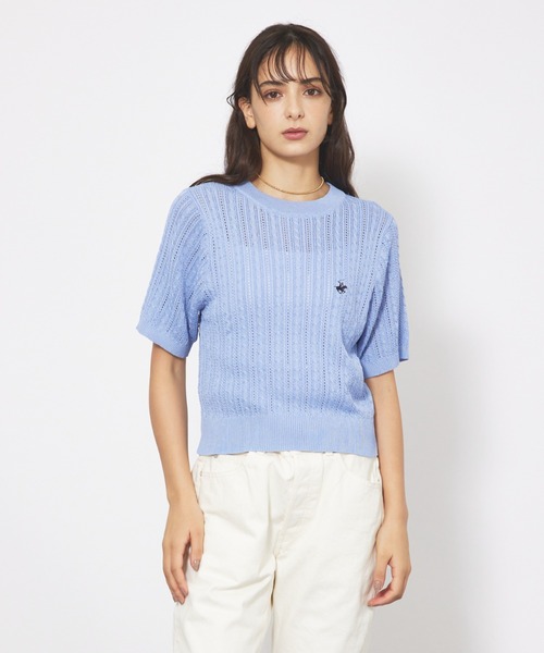 BEVERLY HILLS POLO CLUB（ビバリーヒルズポロクラブ）の「【BEVERLY HILLS POLO CLUB / ビバリーヒルズ ポロクラブ】 ワンポイント 半袖ケーブルニット【WEB限定】（ニット/セーター・レディース・サックスブルー/ホワイト/ネイビー・フリー）」の15枚目の写真