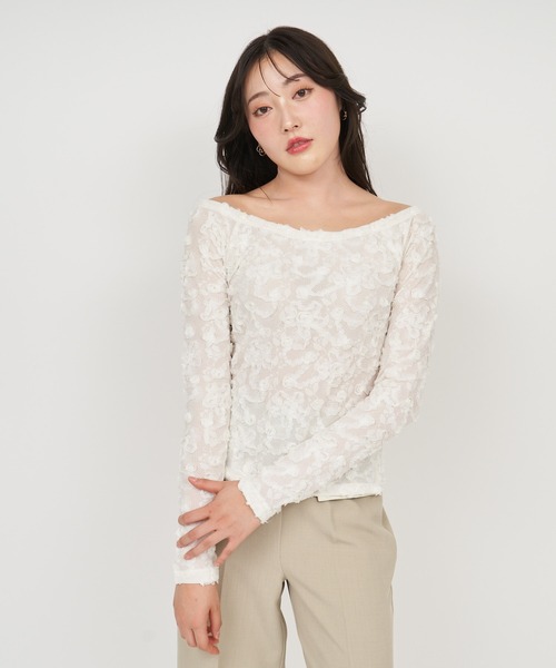 ROYAL PARTY（ロイヤルパーティー）の「3Dフラワーレースオフショルトップス（Tシャツ/カットソー・レディース・ブラック/オフホワイト・FREE）」の17枚目の写真