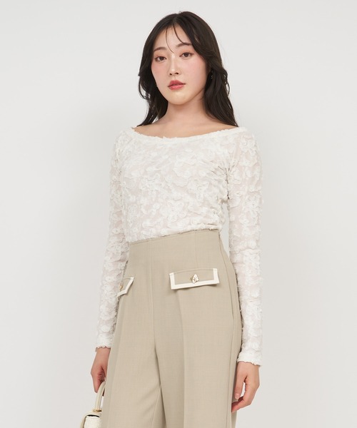 ROYAL PARTY（ロイヤルパーティー）の「3Dフラワーレースオフショルトップス（Tシャツ/カットソー・レディース・ブラック/オフホワイト・FREE）」の14枚目の写真