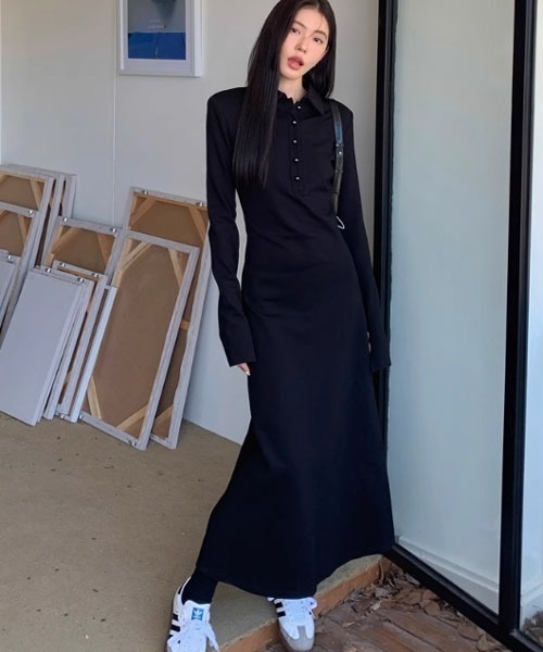 urge:(アージコロン )の「【URGE:】襟付き 長袖 ロング丈 タイト ワンピース(ワンピース・レディース・ブラック・X-LARGE/SMALL/MEDIUM/LARGE)」の1枚目の写真