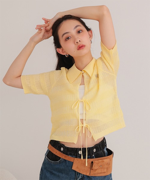 miette(ミエット)の「フロントリボンシアーニットトップス(ニット/セーター・レディース・チャコール/イエロー/ブラウン/ピンク・FREE)」の3枚目の写真