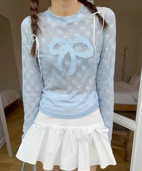 AsRiRe(アスリレイ)の「リボンししゅう レースチュールトップス(Tシャツ/カットソー・レディース・ホワイト/ブルー・M)」の5枚目の写真