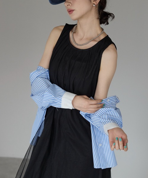 each（イーチ）の「シフォンレイヤードノースリワンピ（ワンピース・レディース・ベージュ/ブラック・FREE）」の7枚目の写真