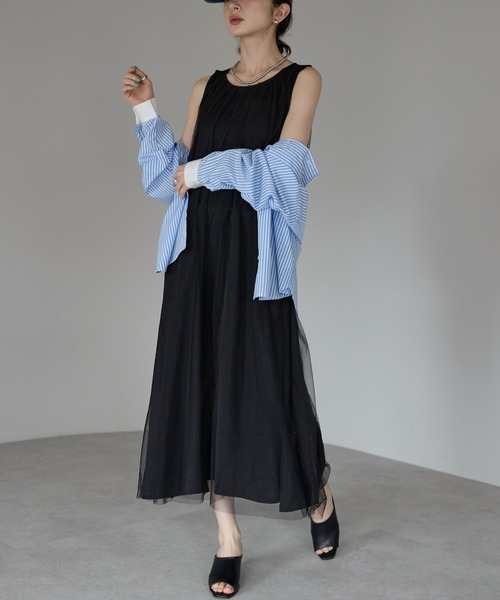 each（イーチ）の「シフォンレイヤードノースリワンピ（ワンピース・レディース・ベージュ/ブラック・FREE）」の5枚目の写真