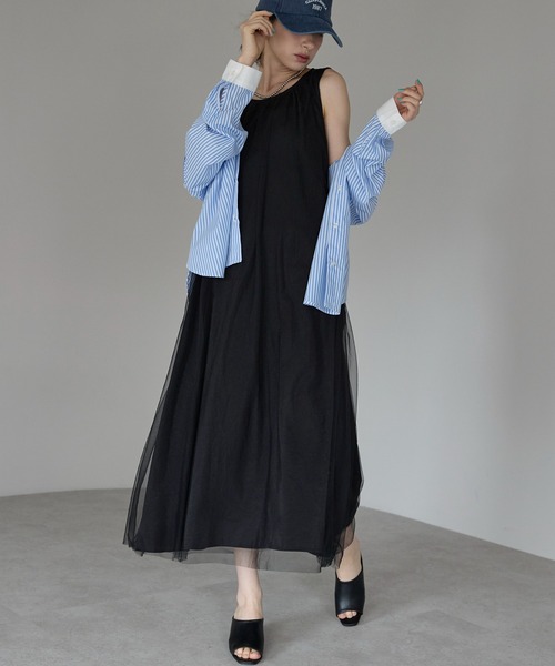 each（イーチ）の「シフォンレイヤードノースリワンピ（ワンピース・レディース・ベージュ/ブラック・FREE）」の8枚目の写真