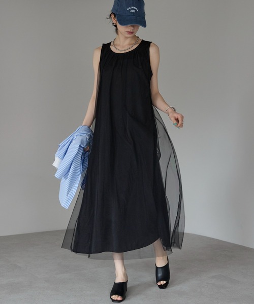 each（イーチ）の「シフォンレイヤードノースリワンピ（ワンピース・レディース・ベージュ/ブラック・FREE）」の9枚目の写真