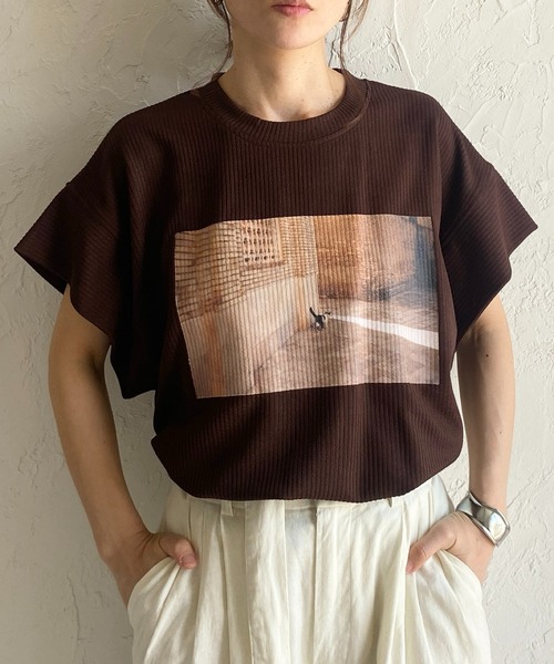 セール】オーバーサイズ半袖リブ猫フォトプリントTシャツ（T