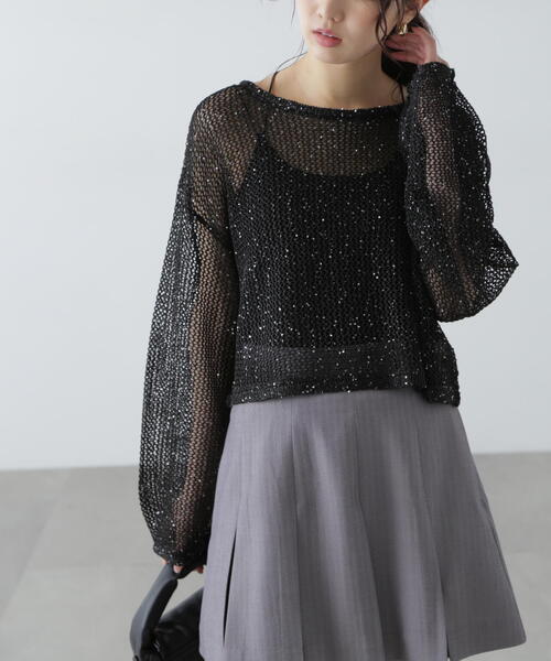 FREE'S MART（フリーズマート）の「◇メッシュスパンコールニット（ニット/セーター・レディース・ホワイト/グレー/ブラック/イエロー/ネイビー/ブラウン・FREE）」の3枚目の写真