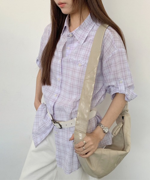 Lace Ladies(レースレディース)の「レギュラーカラー チェック柄 ポケット付き ロールアップ シャツ(シャツ/ブラウス・レディース・イエロー/ミント/ラベンダー・FREE)」の4枚目の写真