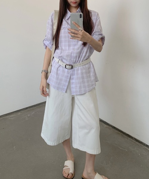 Lace Ladies(レースレディース)の「レギュラーカラー チェック柄 ポケット付き ロールアップ シャツ(シャツ/ブラウス・レディース・イエロー/ミント/ラベンダー・FREE)」の5枚目の写真