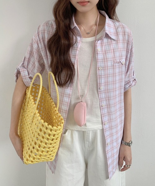 Lace Ladies(レースレディース)の「レギュラーカラー チェック柄 ポケット付き ロールアップ シャツ(シャツ/ブラウス・レディース・イエロー/ミント/ラベンダー・FREE)」の6枚目の写真