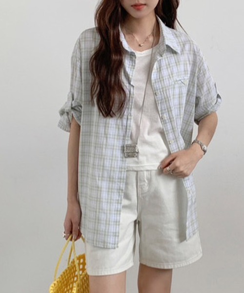 Lace Ladies(レースレディース)の「レギュラーカラー チェック柄 ポケット付き ロールアップ シャツ(シャツ/ブラウス・レディース・イエロー/ミント/ラベンダー・FREE)」の7枚目の写真