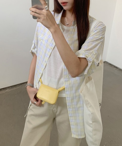 Lace Ladies(レースレディース)の「レギュラーカラー チェック柄 ポケット付き ロールアップ シャツ(シャツ/ブラウス・レディース・イエロー/ミント/ラベンダー・FREE)」の9枚目の写真