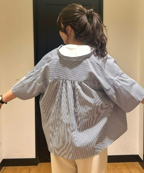 Right-on(ライトオン)の「HONEYSUCKLE ROSE(ハニーサックルローズ)【レディース】ブロード袖フレアブラウス(シャツ/ブラウス・レディース・ネイビー×ホワイト/その他1/グリーン・S/M/L)」の15枚目の写真