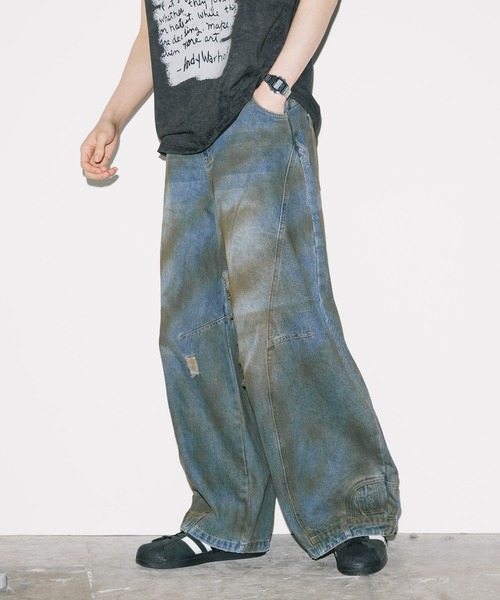 ダメージワイドデニムパンツ ペイント加工 ルーズシルエット（デニム