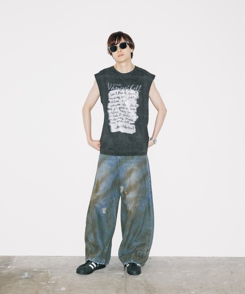 ダメージワイドデニムパンツ ペイント加工 ルーズシルエット（デニム