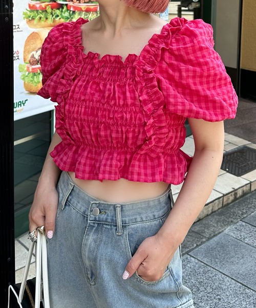 Alley Tokyo(アリートーキョー)の「ギンガムフリフリブラウス(シャツ/ブラウス・レディース・サックスブルー/イエロー/ピンク・F)」の3枚目の写真