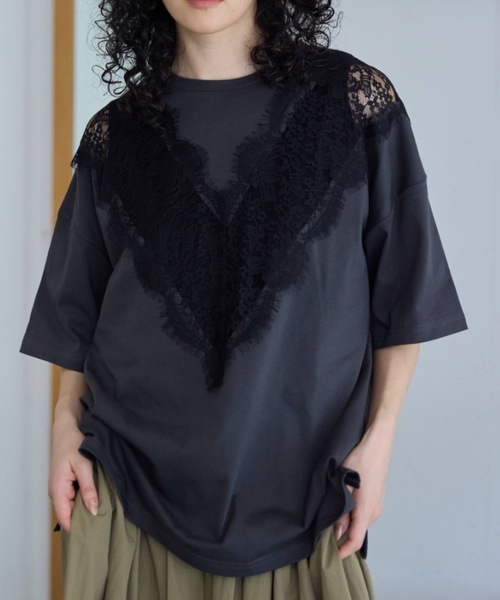 Libra Cue(リブラ キュー)の「レース切り替えカットソー(Tシャツ/カットソー・レディース・ブラック/グレー/ホワイト・FREE)」の2枚目の写真