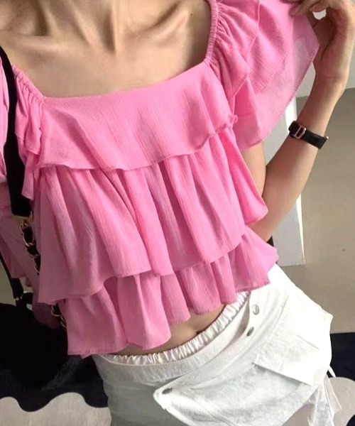 Vipoa(ヴィポア)の「フリルクロップドトップス(Tシャツ/カットソー・レディース・ピンク/ブラック/ホワイト/ブルー・FREE)」の19枚目の写真