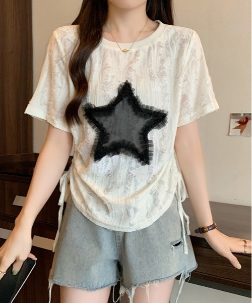 WEGO（ウィゴー）の「WEGO/サイドシャーリング星キルトダメージシースルートップス（Tシャツ/カットソー・レディース・ホワイト・SMALL/MEDIUM）」の2枚目の写真