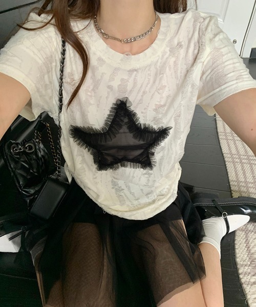WEGO（ウィゴー）の「WEGO/サイドシャーリング星キルトダメージシースルートップス（Tシャツ/カットソー・レディース・ホワイト・SMALL/MEDIUM）」の7枚目の写真