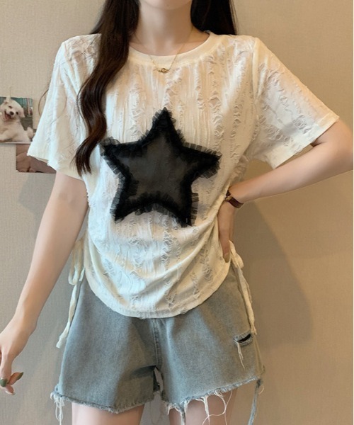 WEGO（ウィゴー）の「WEGO/サイドシャーリング星キルトダメージシースルートップス（Tシャツ/カットソー・レディース・ホワイト・SMALL/MEDIUM）」の4枚目の写真