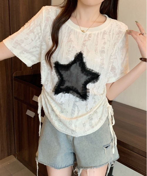 WEGO（ウィゴー）の「WEGO/サイドシャーリング星キルトダメージシースルートップス（Tシャツ/カットソー・レディース・ホワイト・SMALL/MEDIUM）」の5枚目の写真