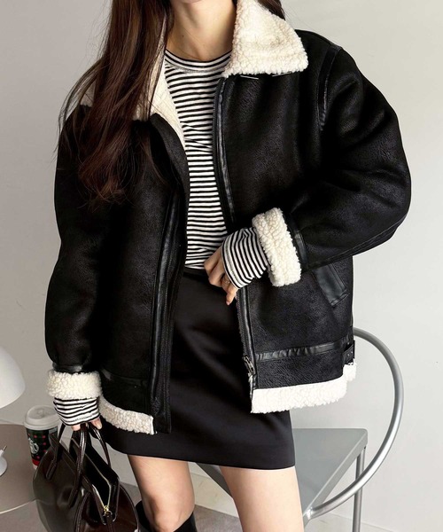 セール】スエード×ボアフェイクムートンジャケットブルゾン（ムートン