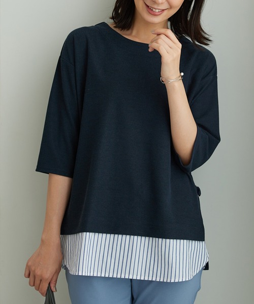 BELLUNA PLUS(ベルーナ)の「ラメストライプシャツフェイクチュニック(チュニック・レディース・ネイビー系/レッド系その他/モカ・MEDIUM/X-LARGE/LARGE)」の2枚目の写真