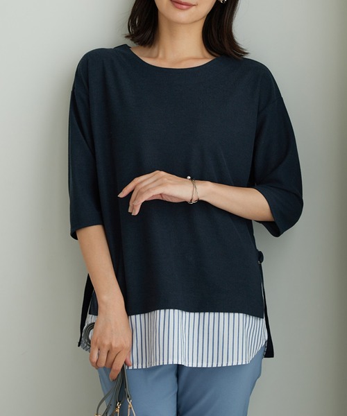 BELLUNA PLUS(ベルーナ)の「ラメストライプシャツフェイクチュニック(チュニック・レディース・ネイビー系/レッド系その他/モカ・MEDIUM/X-LARGE/LARGE)」の15枚目の写真