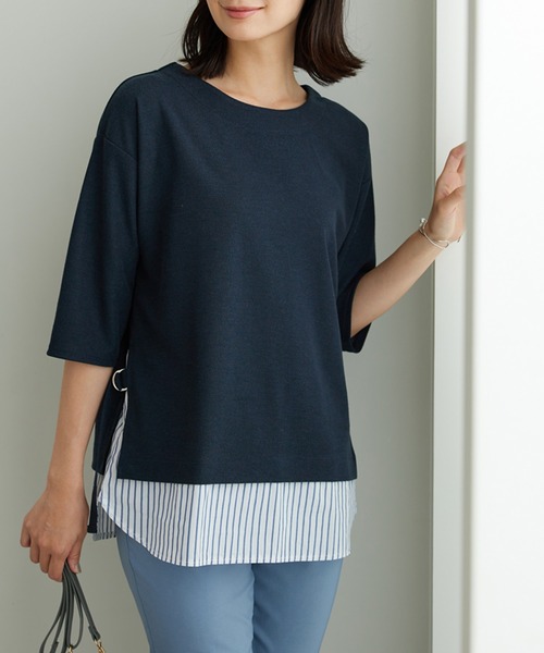 BELLUNA PLUS(ベルーナ)の「ラメストライプシャツフェイクチュニック(チュニック・レディース・ネイビー系/レッド系その他/モカ・MEDIUM/X-LARGE/LARGE)」の16枚目の写真