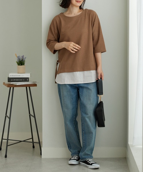 BELLUNA PLUS(ベルーナ)の「ラメストライプシャツフェイクチュニック(チュニック・レディース・ネイビー系/レッド系その他/モカ・MEDIUM/X-LARGE/LARGE)」の13枚目の写真