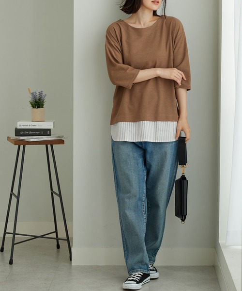 BELLUNA PLUS(ベルーナ)の「ラメストライプシャツフェイクチュニック(チュニック・レディース・ネイビー系/レッド系その他/モカ・MEDIUM/X-LARGE/LARGE)」の14枚目の写真