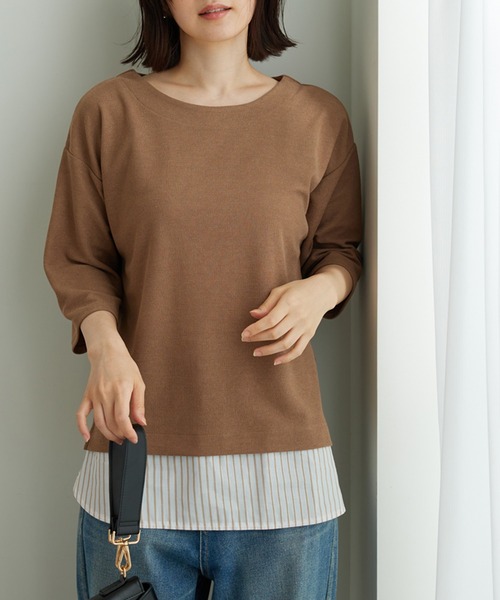 BELLUNA PLUS(ベルーナ)の「ラメストライプシャツフェイクチュニック(チュニック・レディース・ネイビー系/レッド系その他/モカ・MEDIUM/X-LARGE/LARGE)」の8枚目の写真